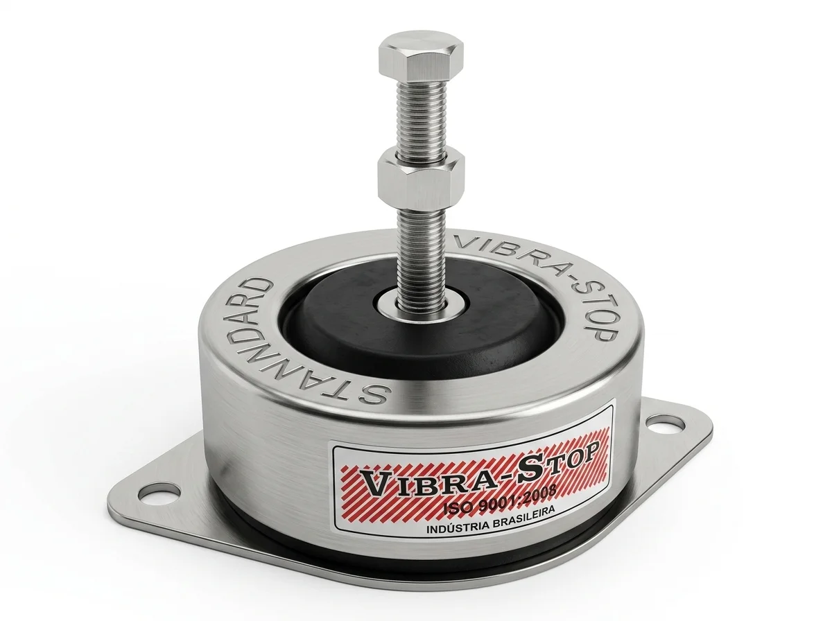 Amortecedor Vibra-Stop Linha Tradicional com Chapa — chapa de aço integrada para fixação ao piso com chumbadores