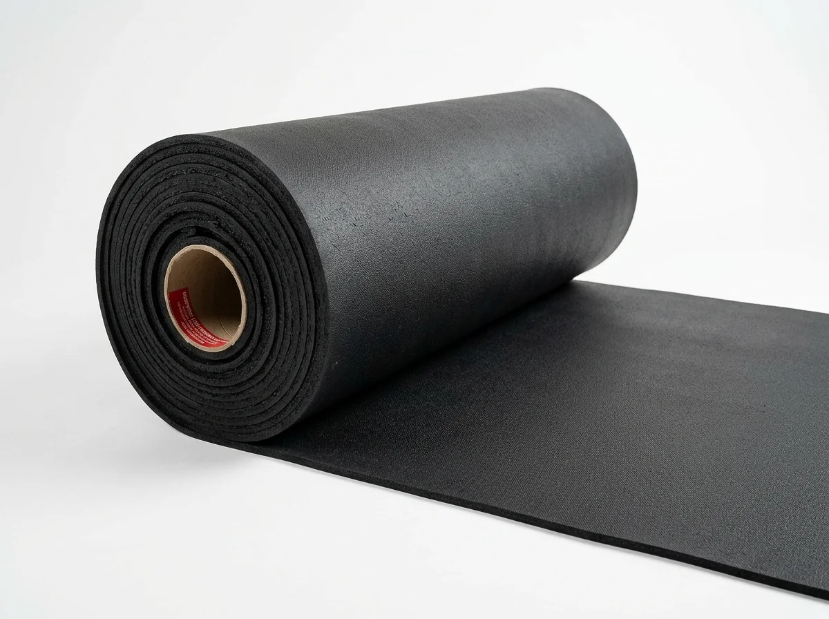 Rolo de manta de borracha Neoprene preta com textura característica — Guarubor Borrachas