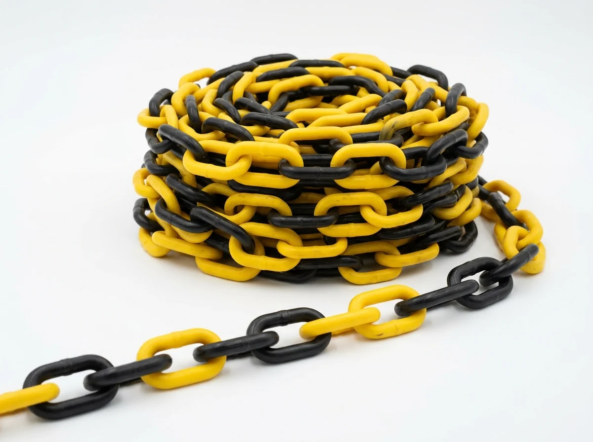 Rolo de corrente de sinalização com elos grandes em plástico amarelo e preto — Guarubor EPI